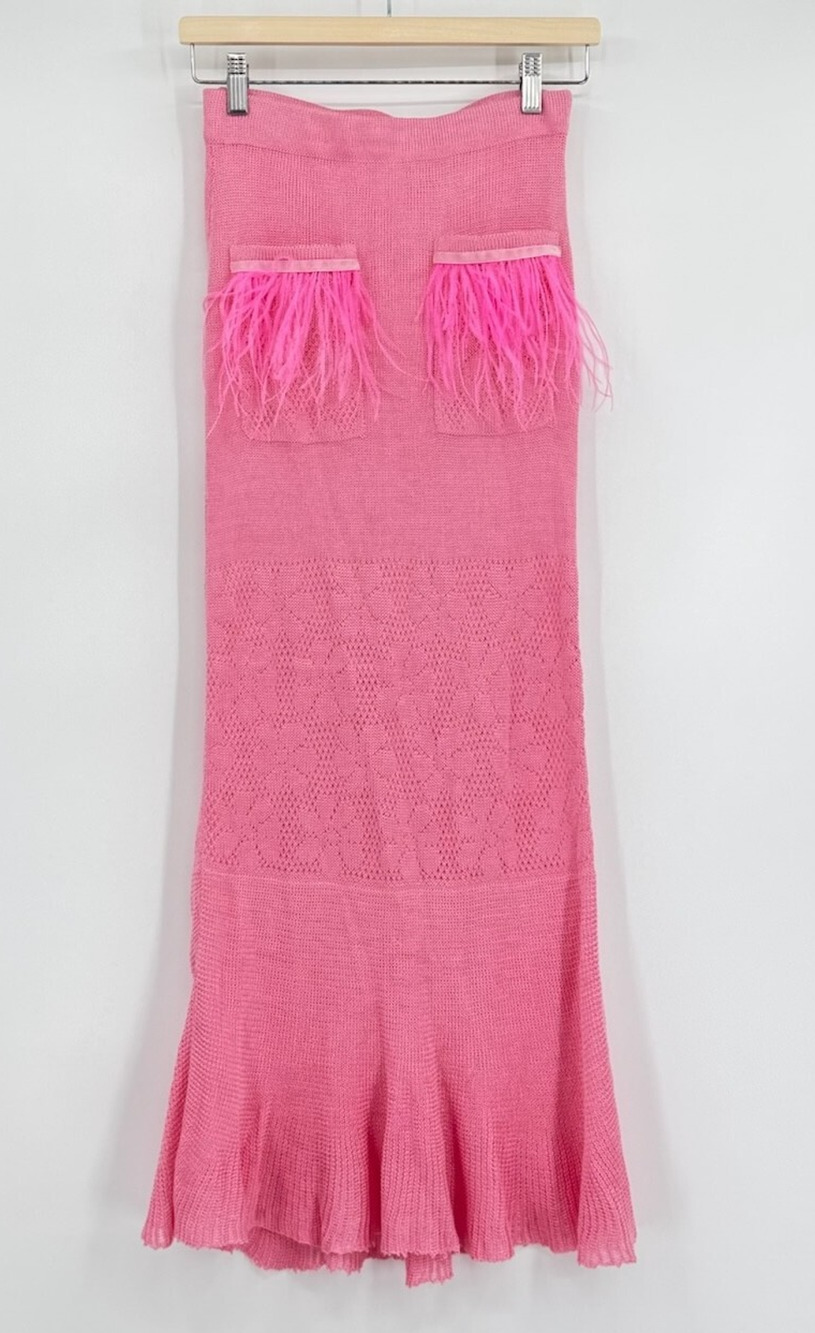 Andreeva Pink Feather Pockets Straight Midi Sweater Skirt Sz US 6
